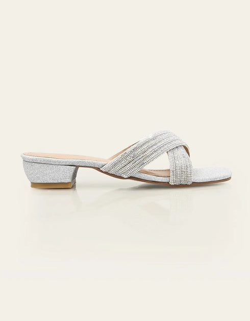 Celesta Silver Block Heels with Glitter Crossover Straps – Essence by Rubina